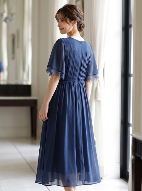 スリット入りレーススリーブロングワンピース（ネイビー・ブルー系・Mサイズ）| 名古屋のレンタルドレス24DRESS