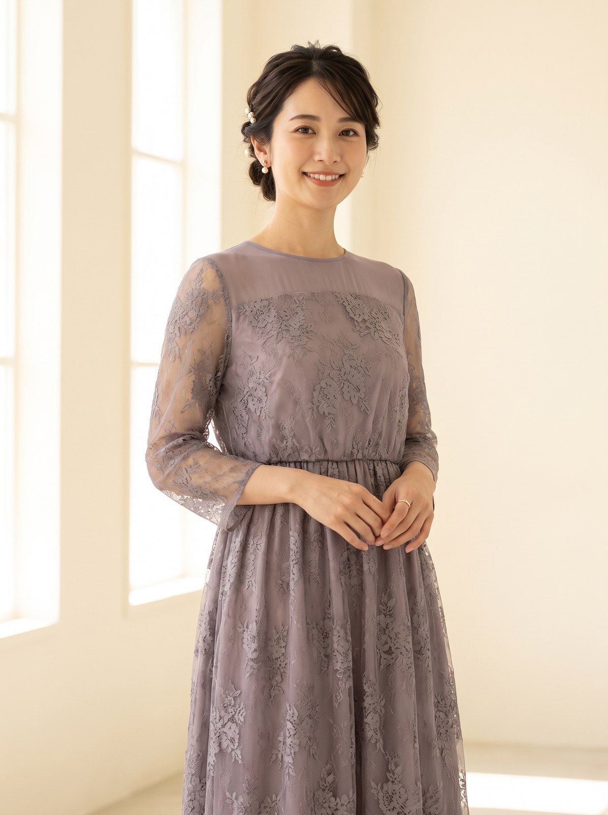 レース切り替えで程よい透け感のあるワンピースドレス（レッド・ピンク系・Mサイズ）| 名古屋のレンタルドレス24DRESS