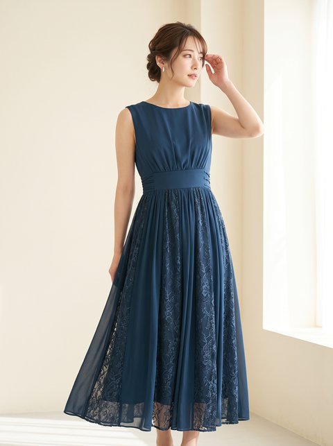 レース×プリーツ切り替えドレス（ネイビー・ブルー系・Sサイズ）| 名古屋のレンタルドレス24DRESS