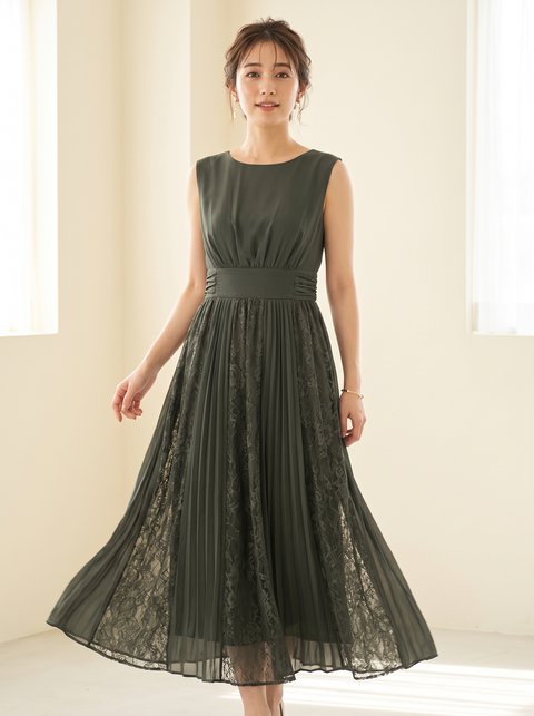 レース×プリーツ切り替えドレス（グリーン系・Mサイズ）| 名古屋のレンタルドレス24DRESS