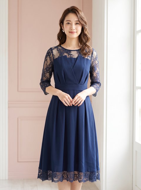 バックレースでどこから見ても可愛い、贅沢なパーティードレス（ネイビー・ブルー系・Mサイズ）| 名古屋のレンタルドレス24DRESS
