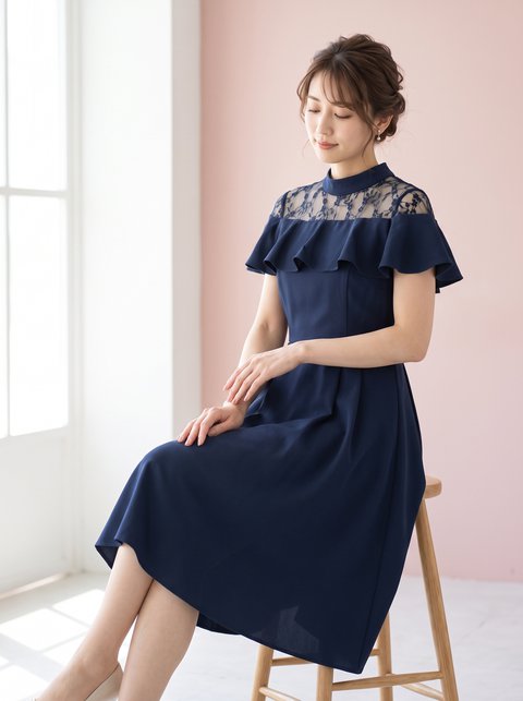 バンドカラーフリル フィッシュテールドレス（ネイビー・ブルー系・Mサイズ）| 名古屋のレンタルドレス24DRESS