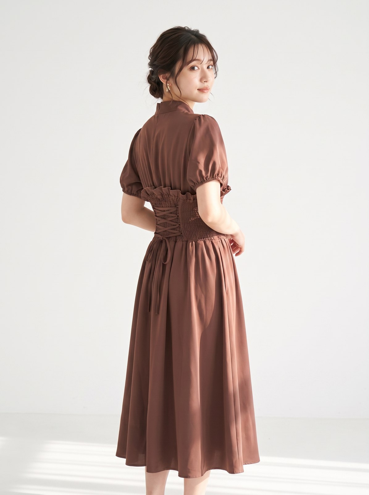 パーティードレス レースアップ パフスリーブ（レッド・ピンク系・Mサイズ）| 名古屋のレンタルドレス24DRESS