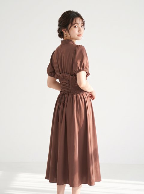 パーティードレス レースアップ パフスリーブ（レッド・ピンク系・Mサイズ）| 名古屋のレンタルドレス24DRESS