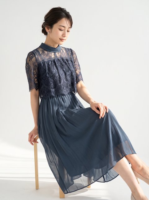 ハイネックレース ミモレドレス（ネイビー・ブルー系・Mサイズ）| 名古屋のレンタルドレス24DRESS