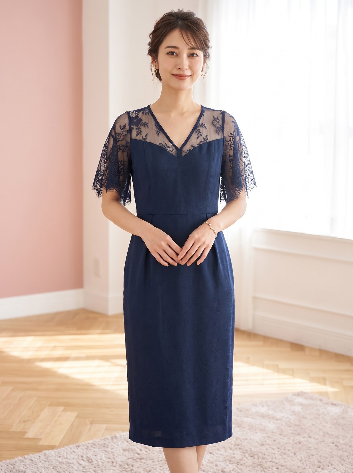 レース切り替えワンピースパーティードレス(ネイビー・ブルー系・Mサイズ)| 名古屋のレンタルドレス24DRESS