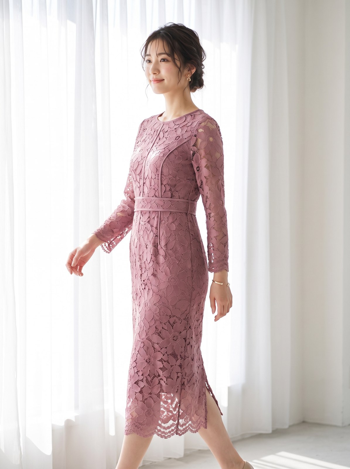 パーティードレス ウエストマーク 総レースワンピース（レッド・ピンク系・Lサイズ）| 名古屋のレンタルドレス24DRESS