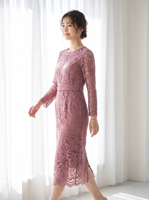 パーティードレス ウエストマーク 総レースワンピース（レッド・ピンク系・Lサイズ）| 名古屋のレンタルドレス24DRESS