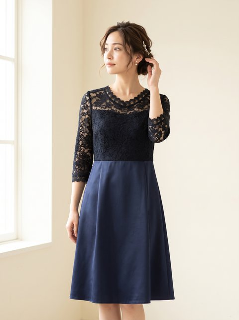 レースドッキング パーティドレス（ネイビー・ブルー系・Lサイズ）| 名古屋のレンタルドレス24DRESS