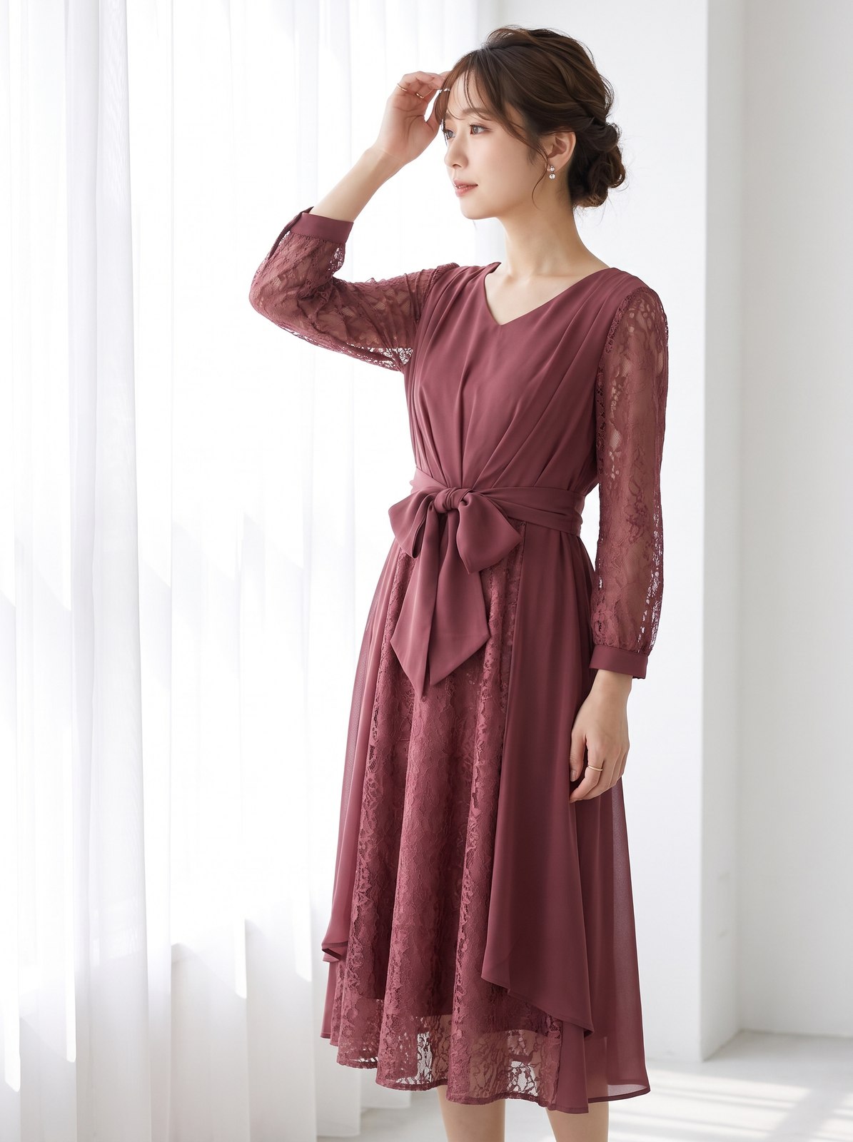 レース袖 リボン付きフレアワンピース（レッド・ピンク系・Sサイズ）| 名古屋のレンタルドレス24DRESS