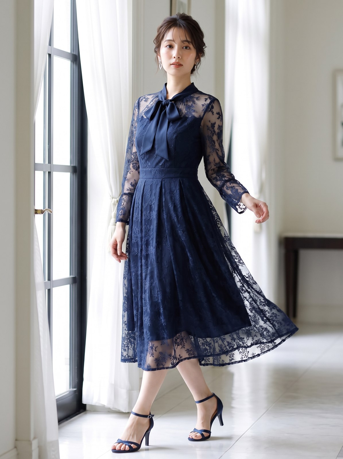総レース ボウタイフレアワンピース（ネイビー・ブルー系・Mサイズ）| 名古屋のレンタルドレス24DRESS