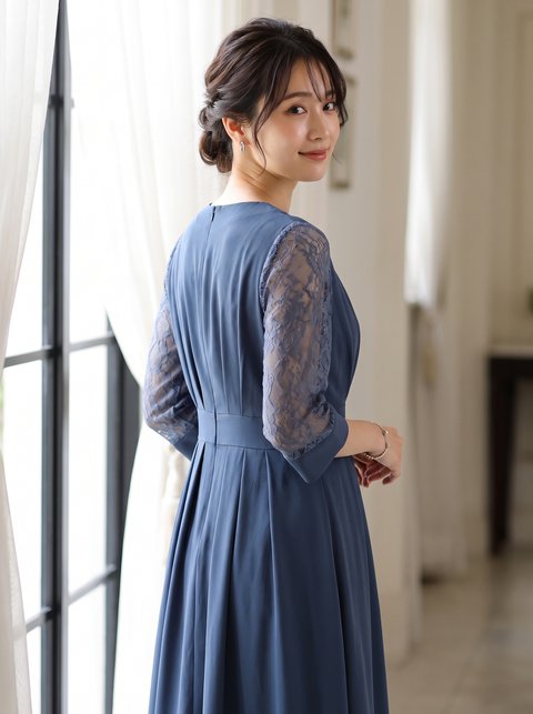 総レース ボウタイフレアワンピース（ネイビー・ブルー系・Sサイズ）| 名古屋のレンタルドレス24DRESS