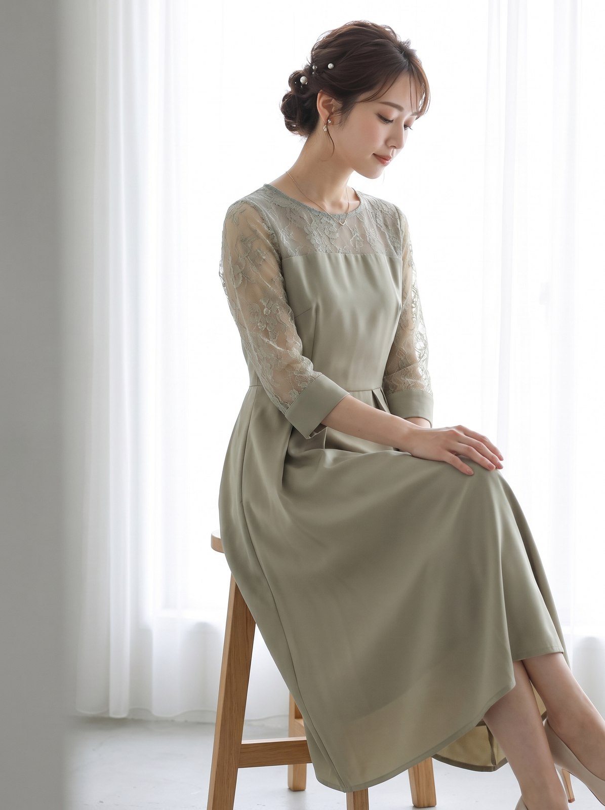 レース切り替え Aラインワンピース（グリーン系・Mサイズ）| 名古屋のレンタルドレス24DRESS