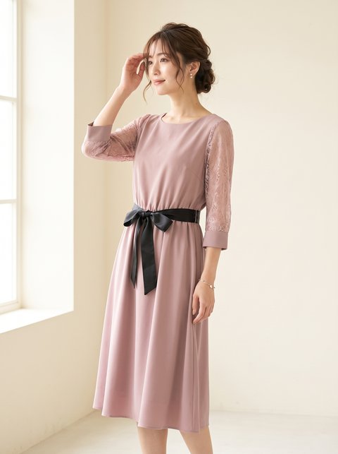 レース袖 リボンベルトワンピース（レッド・ピンク系・Mサイズ）| 名古屋のレンタルドレス24DRESS
