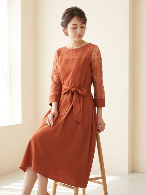 レース袖 リボンベルトワンピース（イエロー・オレンジ系・Mサイズ）| 名古屋のレンタルドレス24DRESS