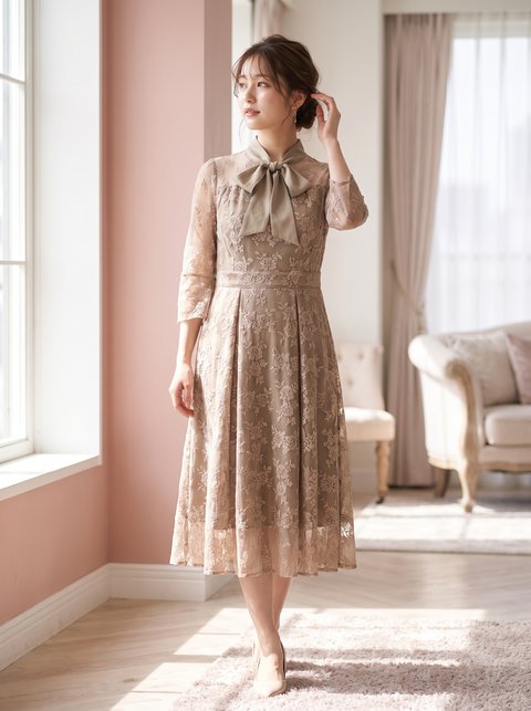 総レース ボウタイワンピース（ブラウン・ベージュ系・Mサイズ）| 名古屋のレンタルドレス24DRESS