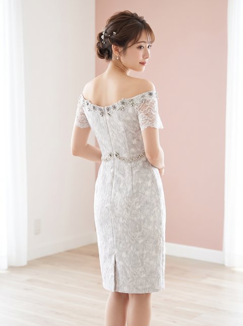 刺繍レース　チュール切り替えタイトミニドレス（ホワイト・グレー系・Sサイズ）| 名古屋のレンタルドレス24DRESS