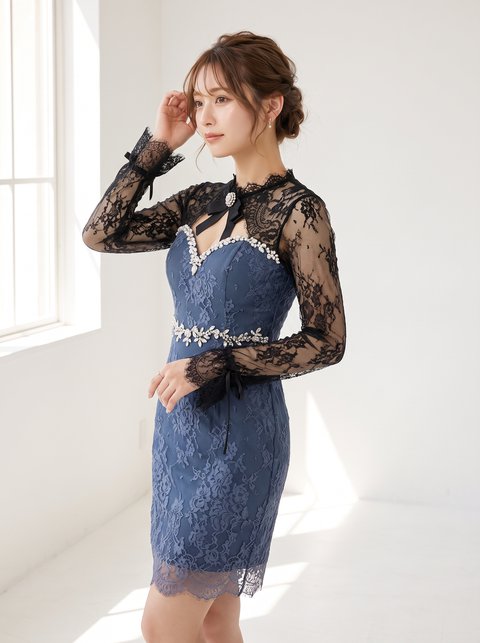 総レース ビジュー切り替えパーティードレス（ネイビー・ブルー系・Mサイズ）| 名古屋のレンタルドレス24DRESS