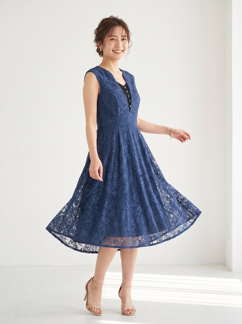 総レース Vネックパーティードレス（ネイビー・ブルー系・XSサイズ）| 名古屋のレンタルドレス24DRESS