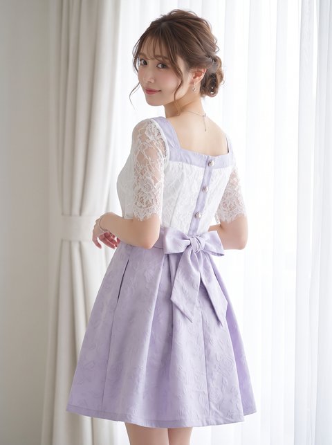 レース袖 ジャカードワンピース（パープル系・Mサイズ）| 名古屋のレンタルドレス24DRESS