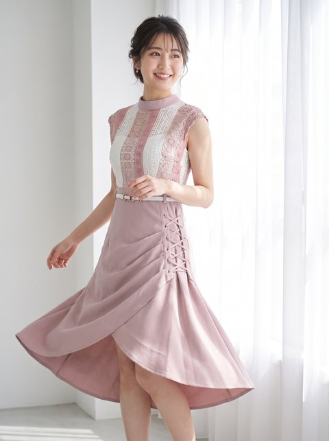 ストライプレース 編み上げパーティードレス（レッド・ピンク系・Mサイズ）| 名古屋のレンタルドレス24DRESS