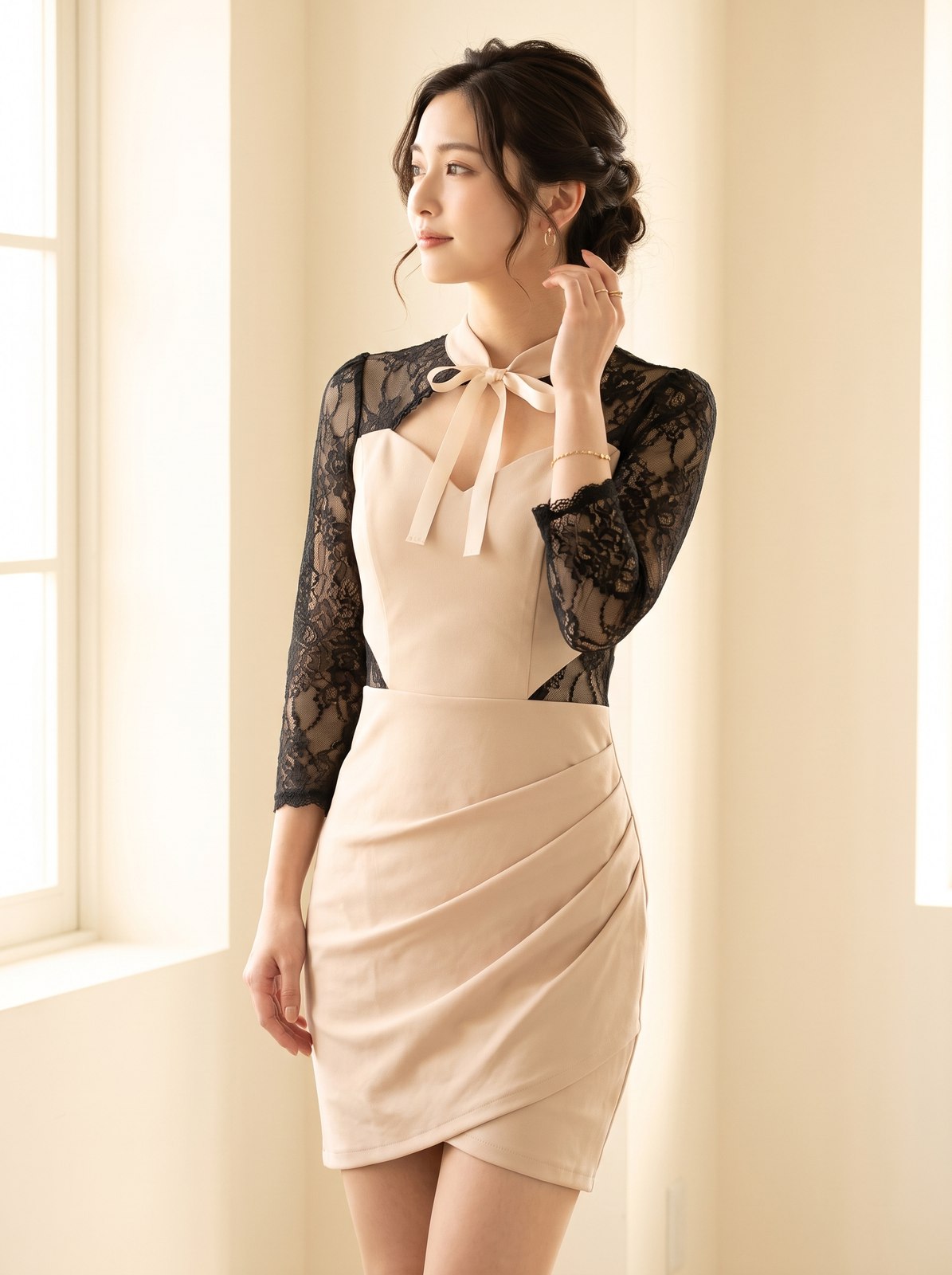 レース袖 リボンタイトパーティードレス（ブラウン・ベージュ系・Mサイズ）| 名古屋のレンタルドレス24DRESS