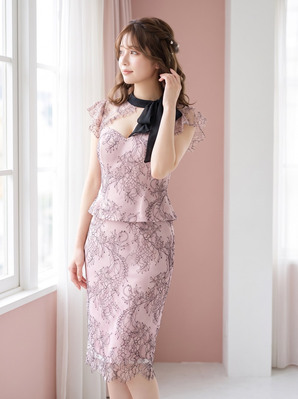 刺繍レース ペプラムパーティードレス(レッド・ピンク系・Mサイズ)| 名古屋のレンタルドレス24DRESS