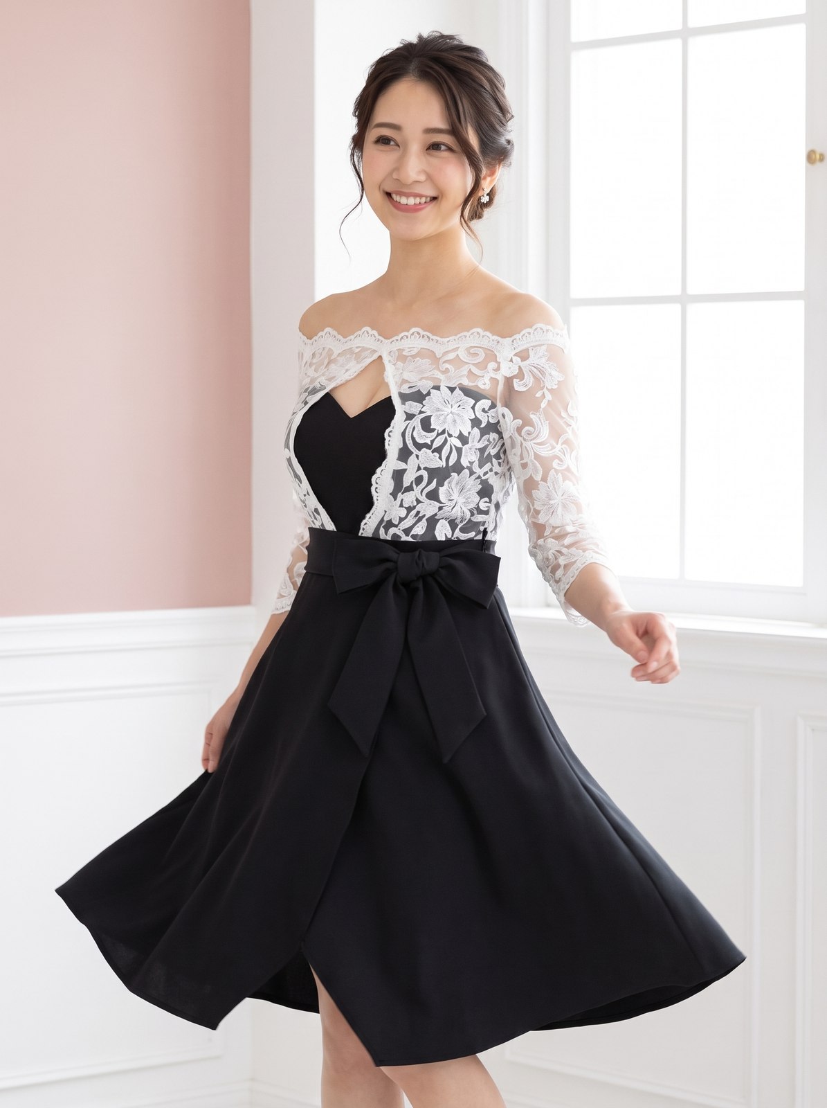 オフショルレース フレアパーティードレス(黒(ブラック)・Mサイズ)| 名古屋のレンタルドレス24DRESS