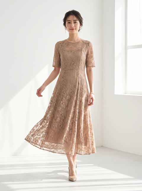 総レース フレアパーティードレス（ブラウン・ベージュ系・Mサイズ）| 名古屋のレンタルドレス24DRESS