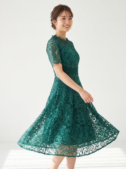 総レース フレアパーティードレス（グリーン系・Mサイズ）| 名古屋のレンタルドレス24DRESS