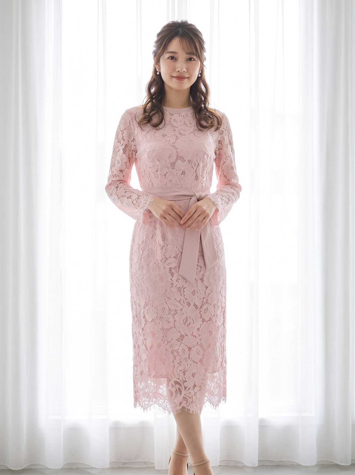 総レース リボンタイトパーティードレス（レッド・ピンク系・Mサイズ）| 名古屋のレンタルドレス24DRESS