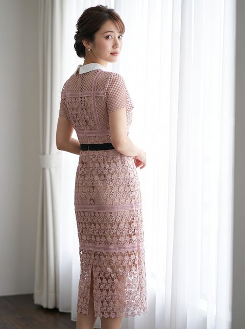 編み上げレース 襟付きパーティードレス（レッド・ピンク系・Mサイズ）| 名古屋のレンタルドレス24DRESS