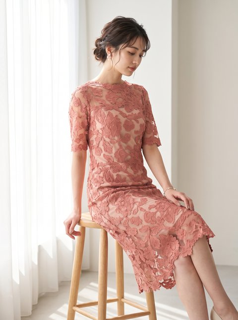 総レース タイトパーティードレス（レッド・ピンク系・Mサイズ）| 名古屋のレンタルドレス24DRESS