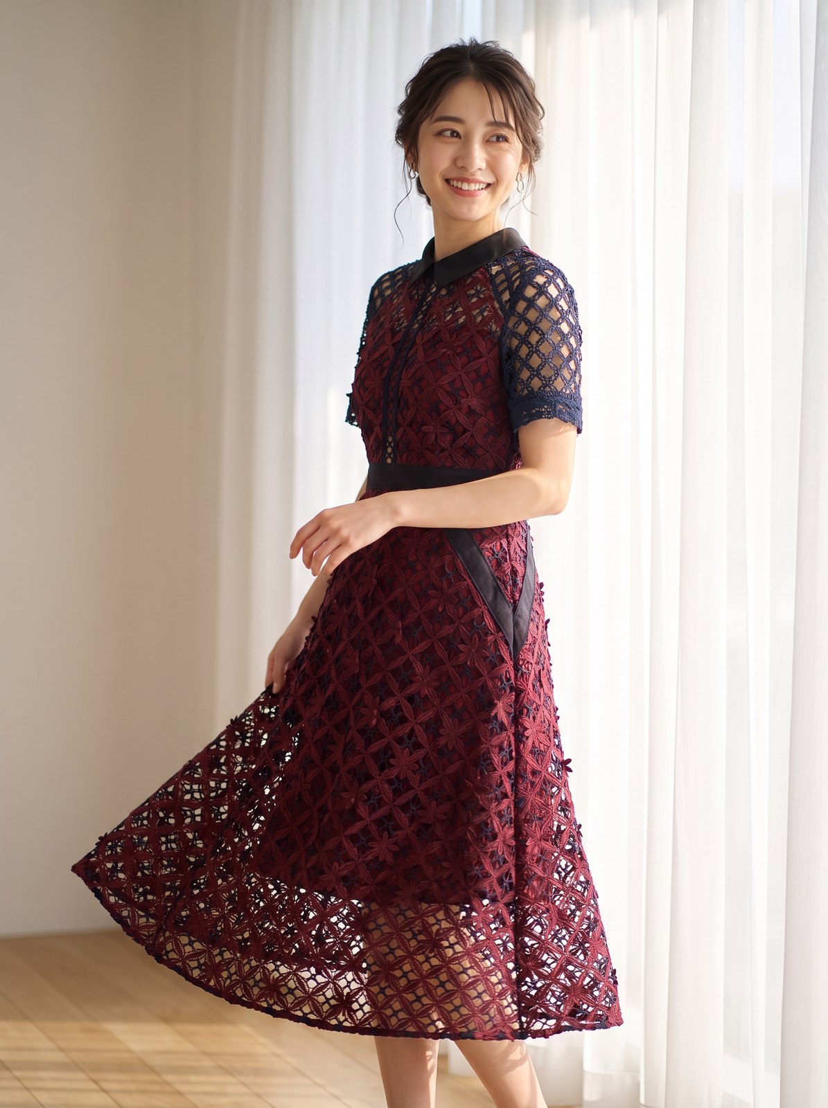 編み上げレース 襟付きパーティードレス(レッド・ピンク系・Mサイズ)| 名古屋のレンタルドレス24DRESS