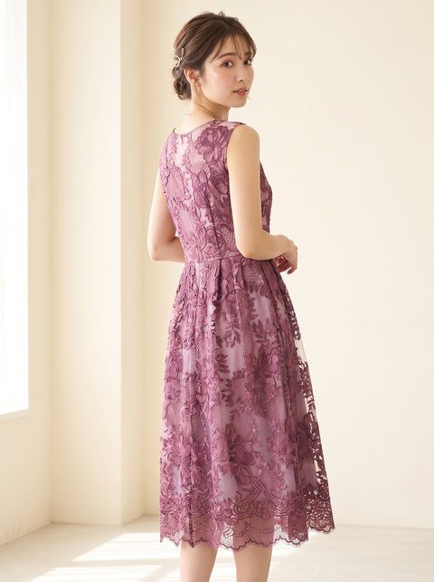 総レース フレアパーティードレス（レッド・ピンク系・Mサイズ）| 名古屋のレンタルドレス24DRESS