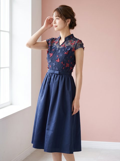 総レース ハイネックパーティードレス（ネイビー・ブルー系・Sサイズ）| 名古屋のレンタルドレス24DRESS
