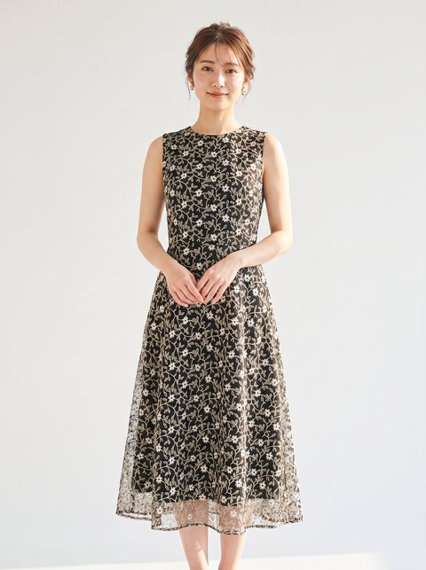 花柄刺繍レース フレアパーティードレス（黒（ブラック）・Mサイズ）| 名古屋のレンタルドレス24DRESS