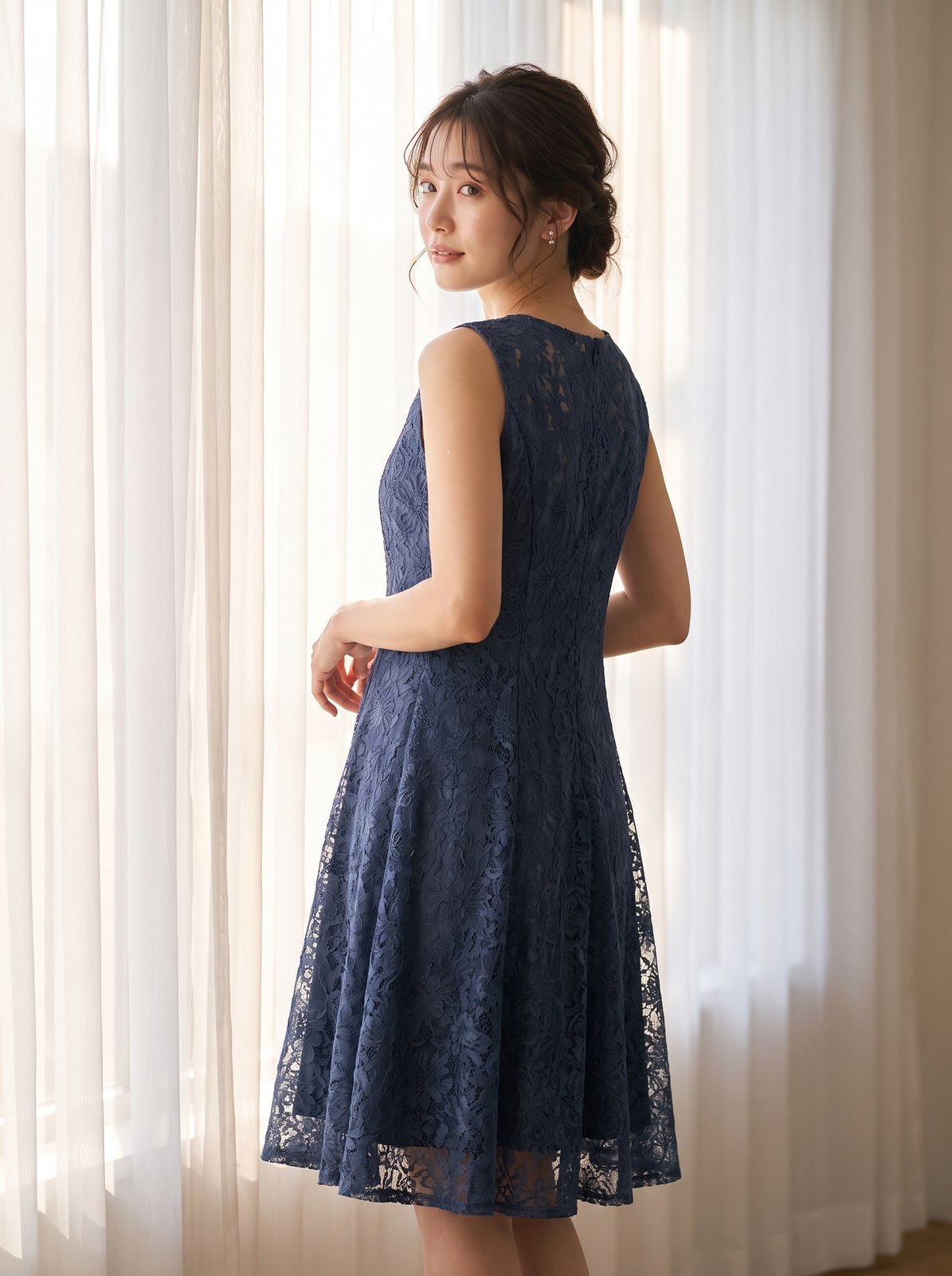 レースアップ 花柄 フレア 刺繍ドレス（ネイビー・ブルー系・Mサイズ）| 名古屋のレンタルドレス24DRESS