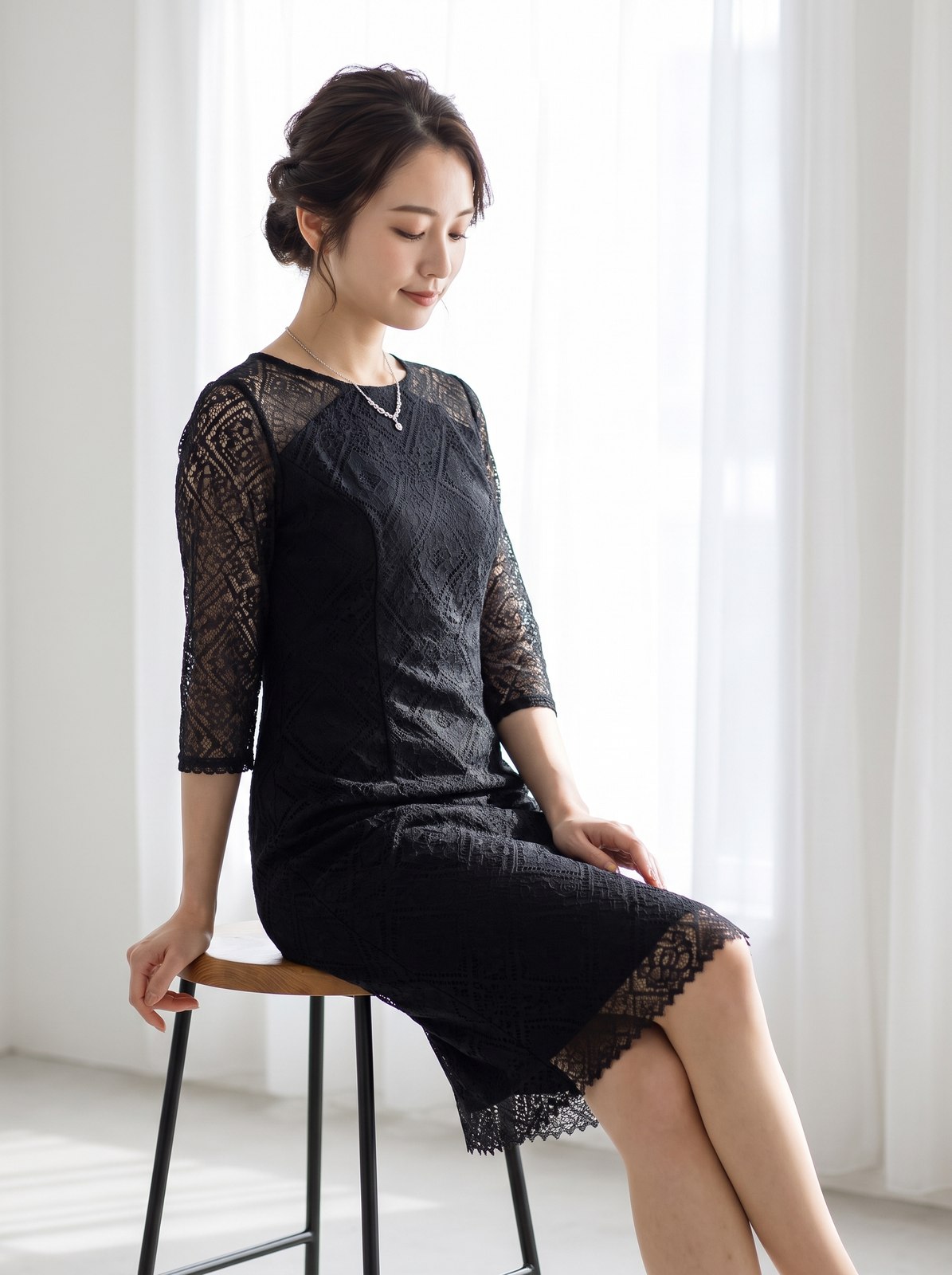 Iライン 透け感 七分丈ドレス（黒（ブラック）・Mサイズ）| 名古屋のレンタルドレス24DRESS
