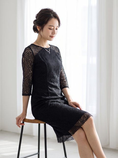 Iライン 透け感 七分丈ドレス（黒（ブラック）・Mサイズ）| 名古屋のレンタルドレス24DRESS