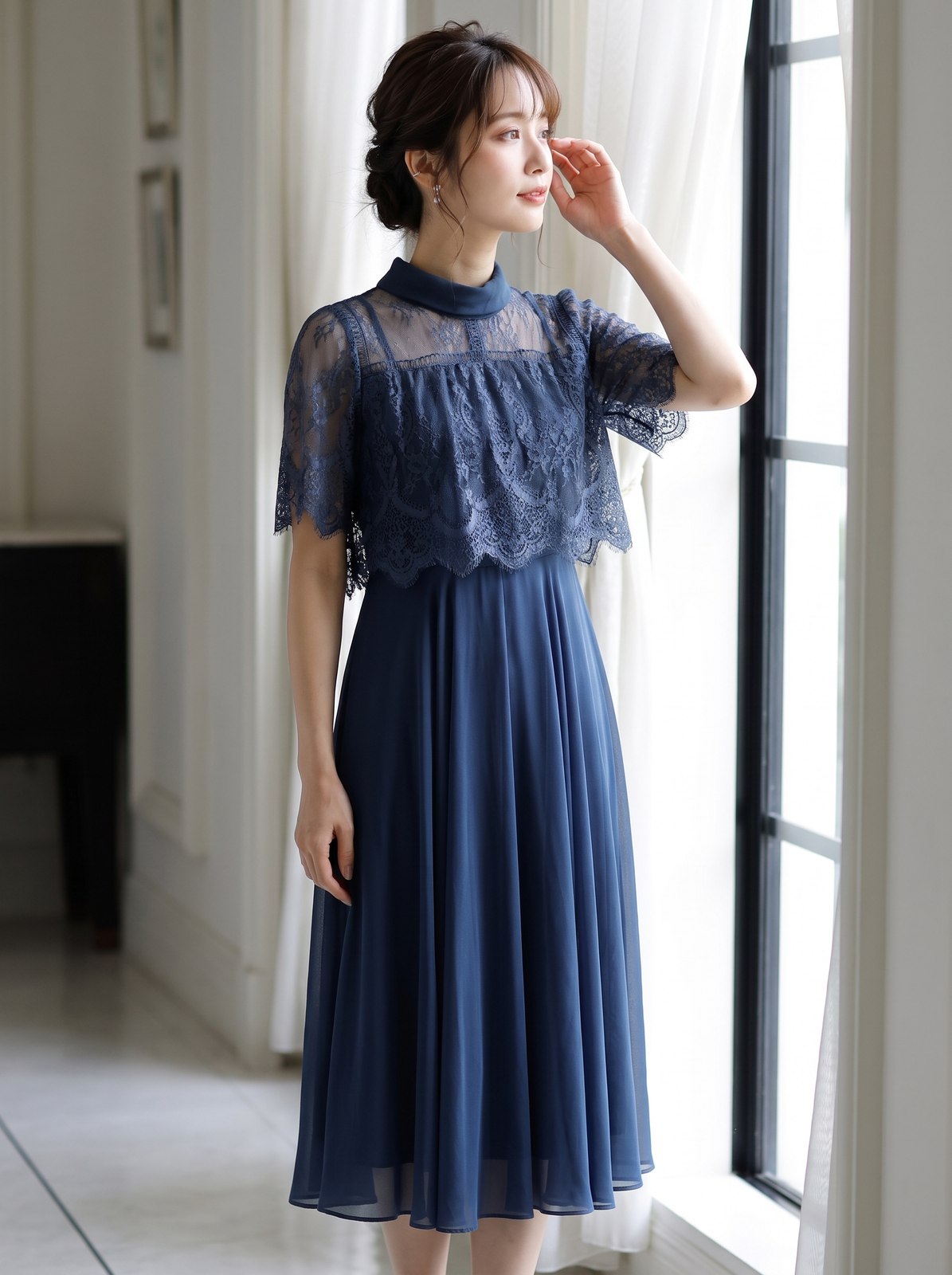 半袖レースフレアパーティーミモレ丈ドレスワンピース（ネイビー・ブルー系・Sサイズ）| 名古屋のレンタルドレス24DRESS