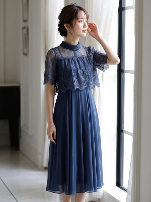 半袖レースフレアパーティーミモレ丈ドレスワンピース（ネイビー・ブルー系・Sサイズ）| 名古屋のレンタルドレス24DRESS