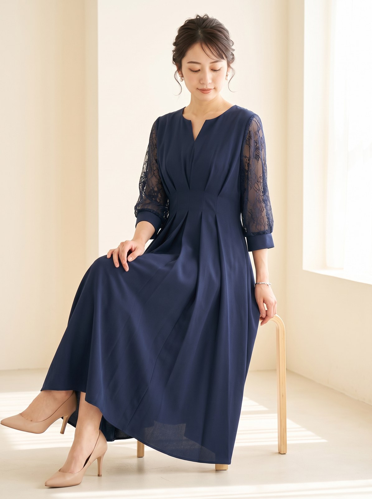 レーススリーブXラインキーネック結婚式ワンピースドレス（ネイビー・ブルー系・Lサイズ）| 名古屋のレンタルドレス24DRESS