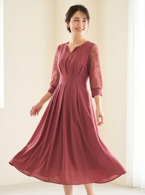レーススリーブXラインキーネック結婚式ワンピースドレス（レッド・ピンク系・Mサイズ）| 名古屋のレンタルドレス24DRESS