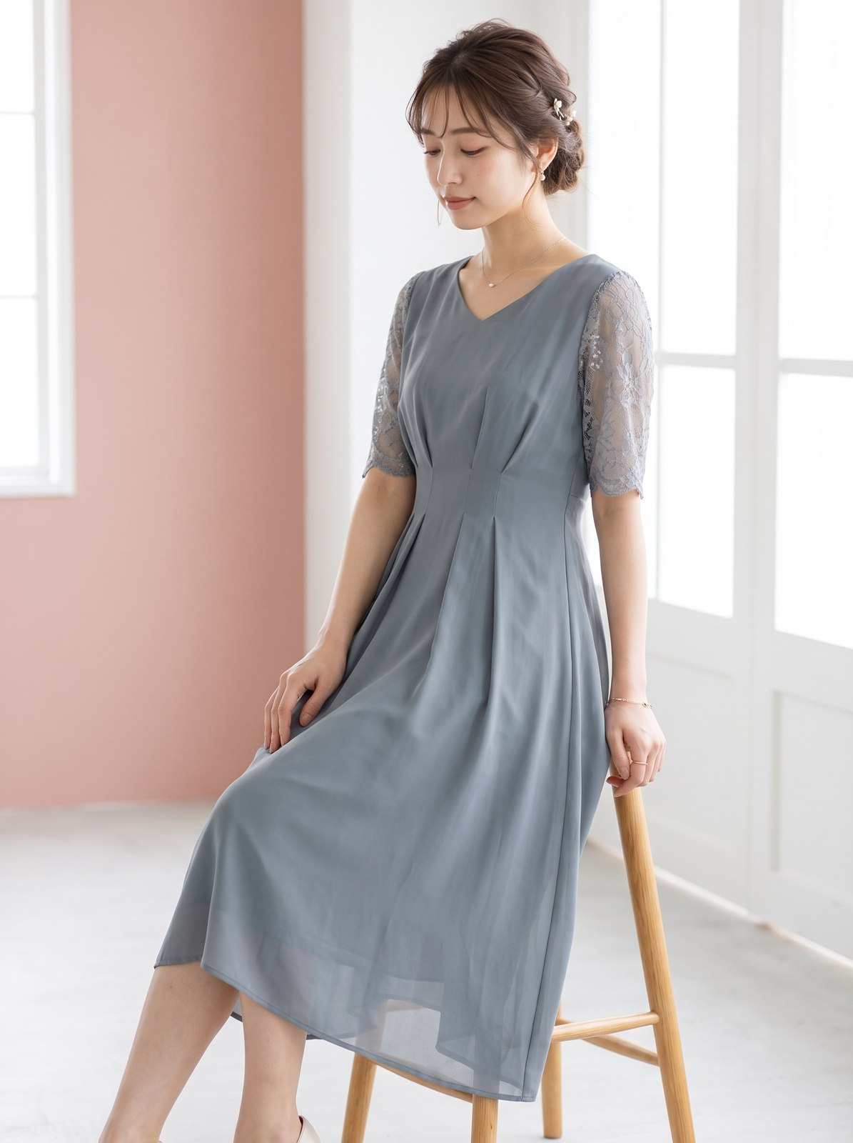 レーススリーブ タックデザインドレス（その他・Lサイズ）| 名古屋のレンタルドレス24DRESS