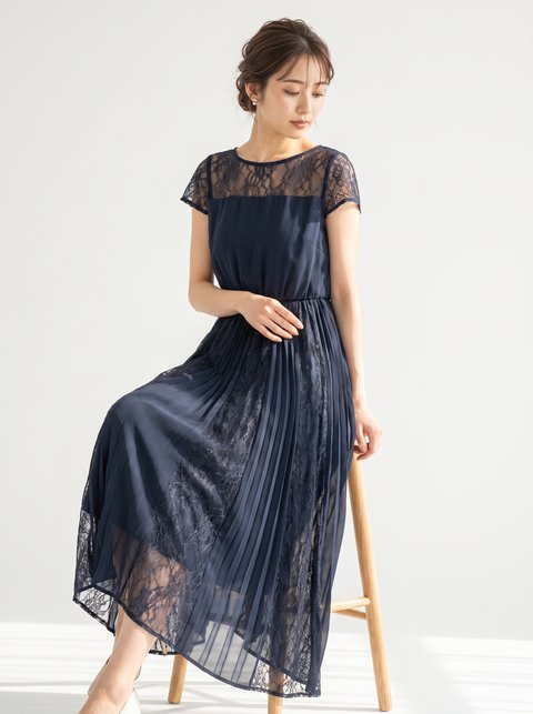 フレンチスリーブ レース×プリーツドレス（その他・XLサイズ）| 名古屋のレンタルドレス24DRESS