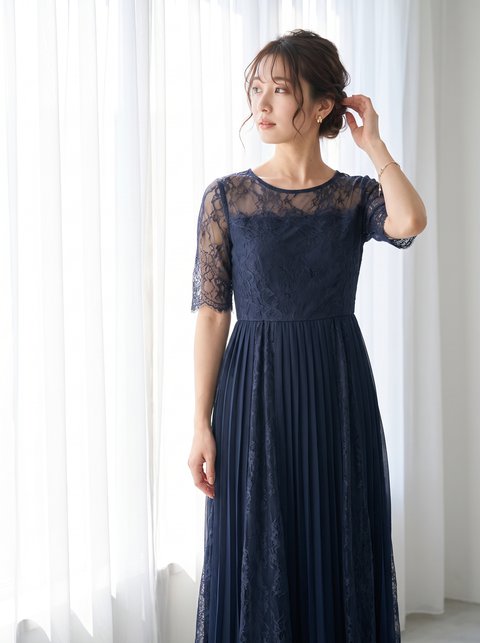 レース×プリーツ切り替え 五分袖ドレス（その他・Lサイズ）| 名古屋のレンタルドレス24DRESS