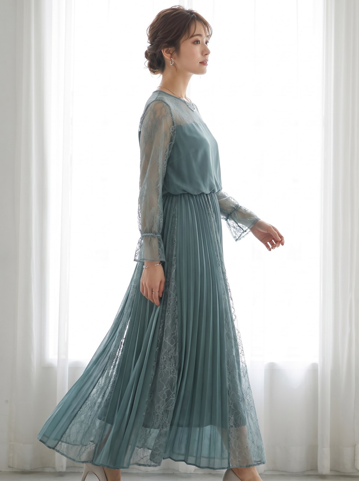 袖口フリル レース×プリーツロングドレス（その他・Lサイズ）| 名古屋のレンタルドレス24DRESS
