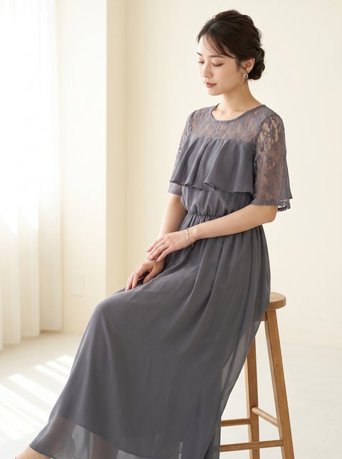 胸元フリルのレースドレス（ホワイト・グレー系・Lサイズ）| 名古屋のレンタルドレス24DRESS