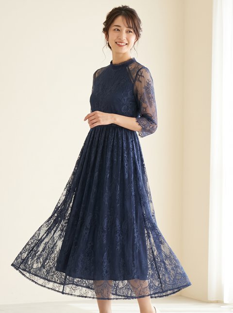 ハイネック 総レース 5分袖 結婚式ワンピース（ネイビー・ブルー系・Sサイズ）| 名古屋のレンタルドレス24DRESS